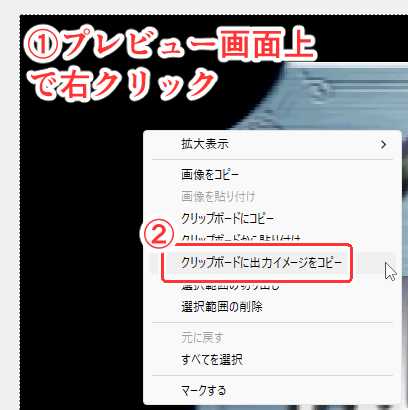 プレビュー画面から「クリップボードに出力イメージをコピー」