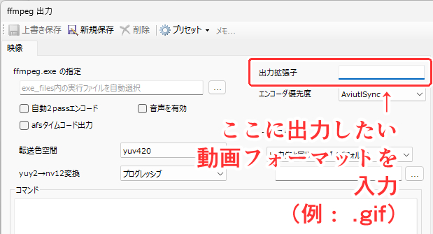 出力拡張子を手動で入力
