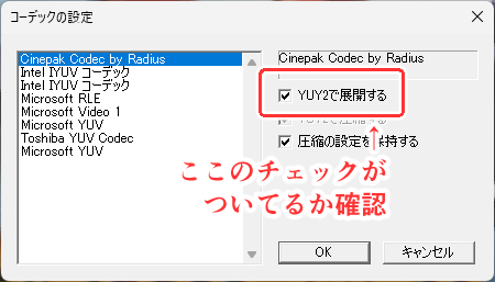 YUY2で展開するにチェックを入れる